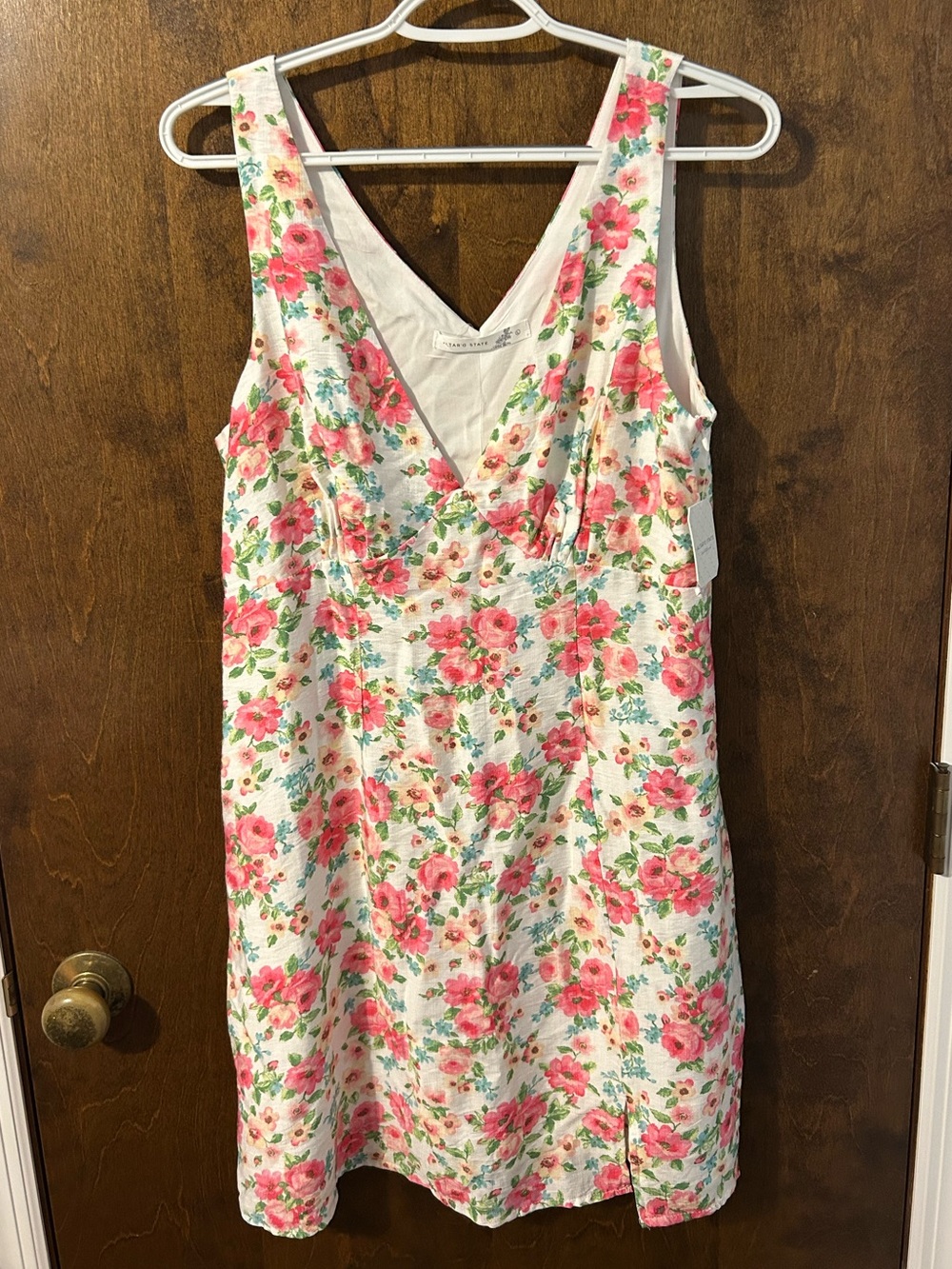 NWT Altar'd State White Floral V-Neck Dress with Pink, Green, & Blue Print
